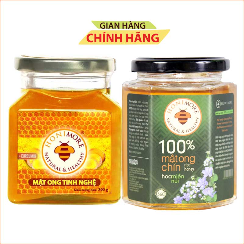 Combo mật ong tinh bột nghệ Honimore 360g và mật ong rừng nguyên chất 360g - Giúp hỗ trợ cải thiện đau dạ dày, chăm sóc da, tăng cường sức đề kháng