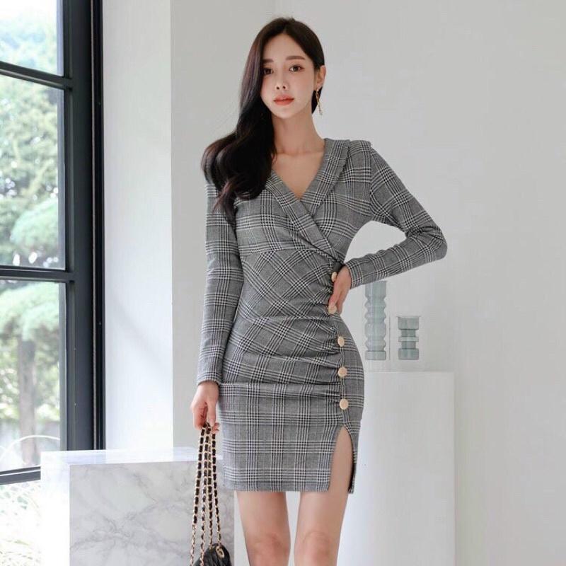 Đầm caro body thân nhún tay dài S.MLXL