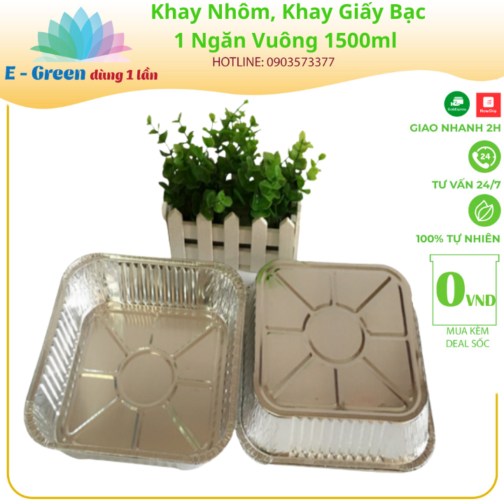 Combo 10-50 Khay Nhôm, Khay Giấy Bạc 1 Ngăn Vuông 1500ml Có Nắp, Đựng Thực Phẩm, Đồ Nướng Tiện Lợi - Egreen dùng 1 lần