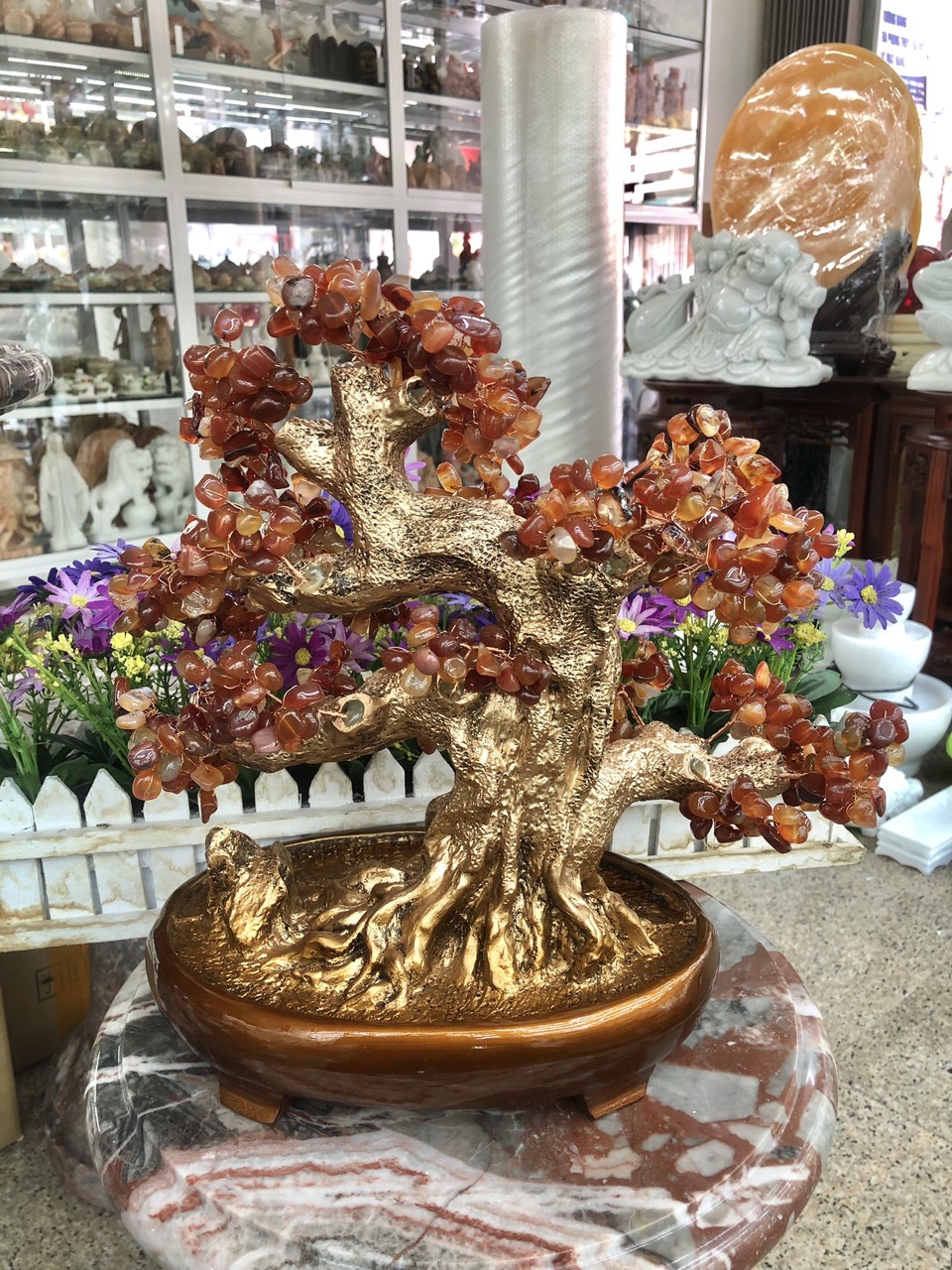 Cây Tài Lộc bonsai phong thủy đá mã não đỏ - Cao 40 cm