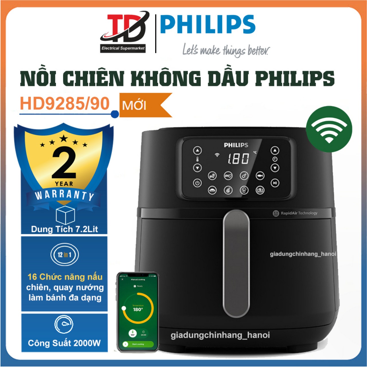 Nồi Chiên Không Dầu Philips HD9285/90 Size XXL 7.2Lit-2000W, 16 Chức Năng Kết Nối Wifi, Hàng Chính Hãng