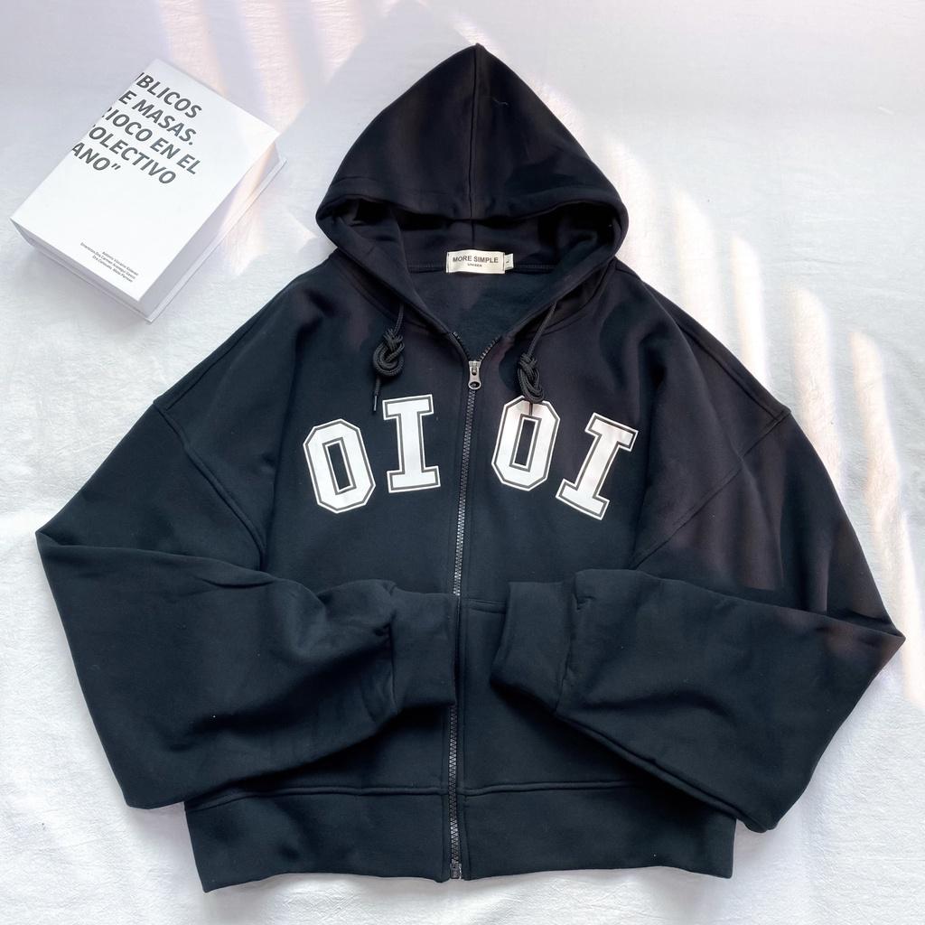 Áo Khoác Hoodie Croptop OI OI Tay Bồng Form Rộng Vải Nỉ Lót Bông Ulzzang