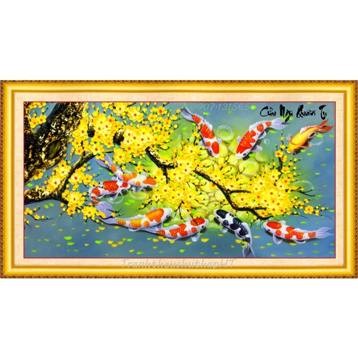 Tranh đính đá cửu ngư quần tụ LV173 - 99 x 50 cm - chưa đính