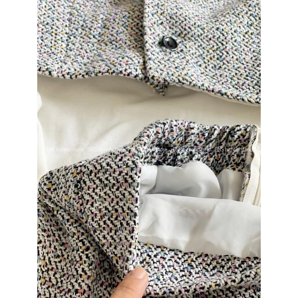 SET ÁO DẠ TWEED DÁNG CROPTOP & CHÂN VÁY CHỮ A -High Neck Basic Tee With Sleeveless Crop Tweed Jacket & Skirt Set- BY BNS AURORA SET BNS006