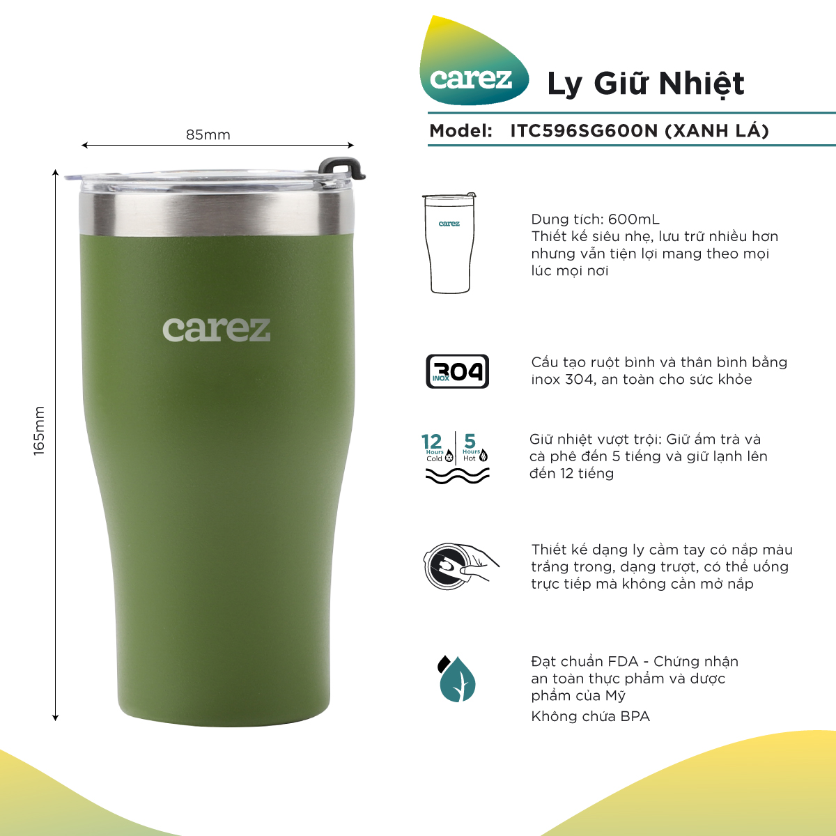 Ly Giữ Nhiệt Carez ITC596SG600N - XANH LÁ- 600ml, Inox 304, Không chứa BPA - Giữ nóng đến 5 tiếng, giữ lạnh đến 12 tiếng - Hàng chính hãng