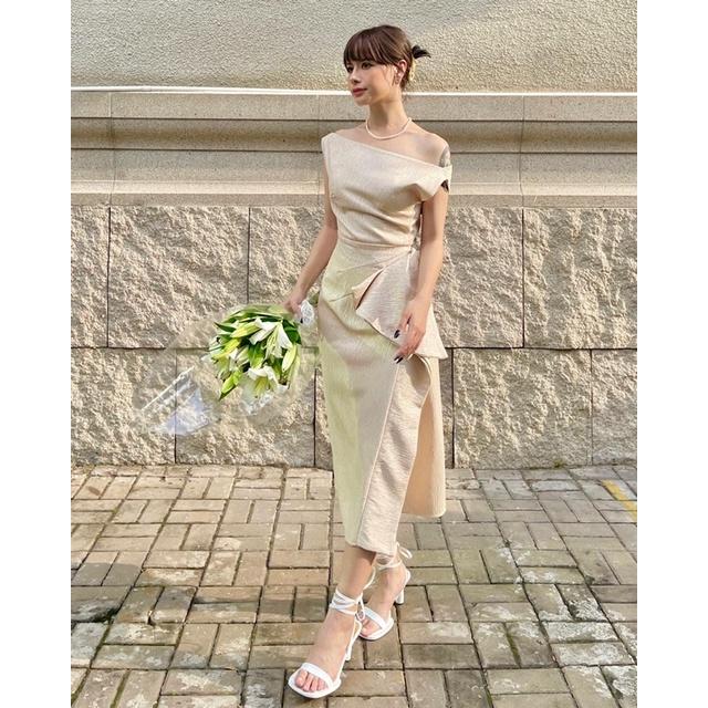 ROSE DRESS Đầm trễ vai gân sóng xếp 1 bên