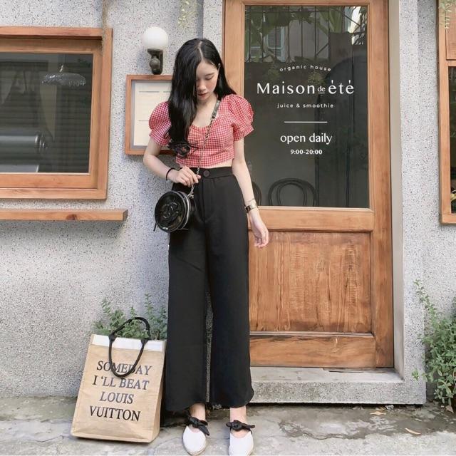sét đồ nữBộ Quần Culottes Áo Croptop Kẻ Đỏ  Set Nữ Quần Dài Áo Ngắn Cộc Tay  set quần áo xinh mặc lên cực sang chảnhh