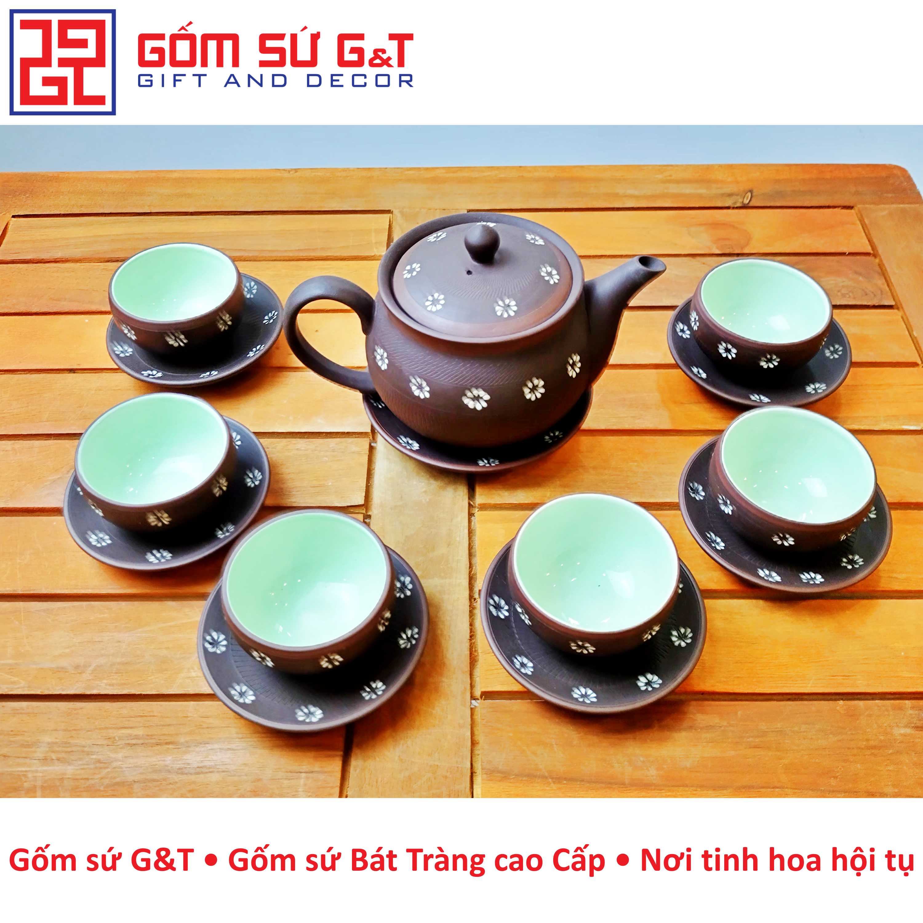 Bộ trà nâu hoa trắng Gốm Sứ G&T