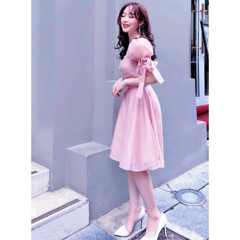 Đầm váy hồng cổ vuông tay nơ (kèm hình thật)
