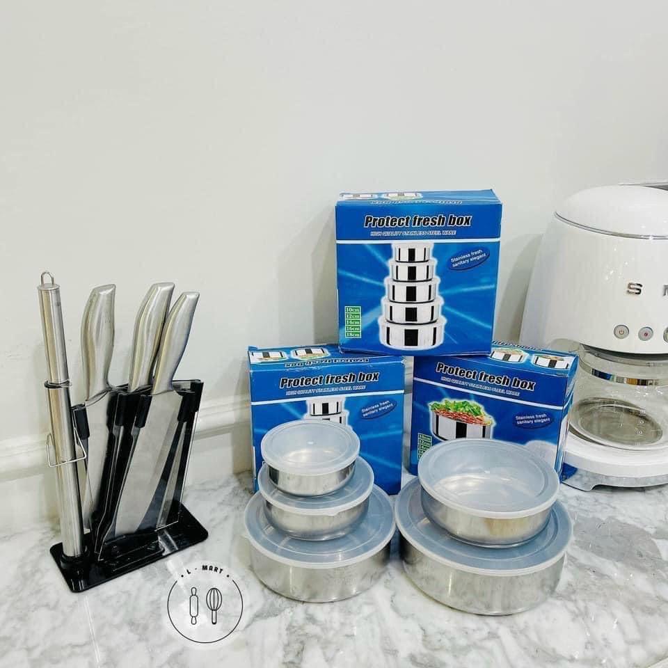 Bộ thố lạnh 5 cái inox có nắp đậy đựng thức ăn, thực phẩm,....bỏ tủ lạnh ngăn mùi tiện dụng