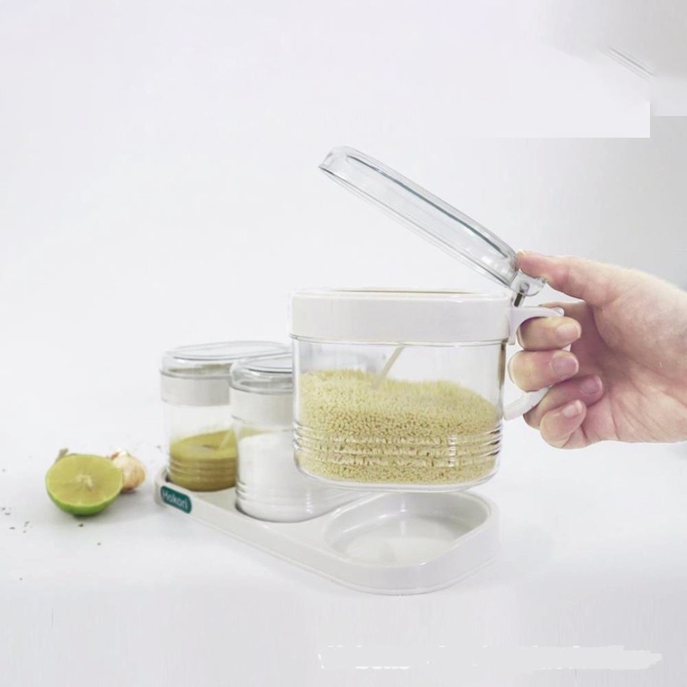 Set hũ đựng gia vị HOKORI nhựa trắng trong suốt kèm muỗng