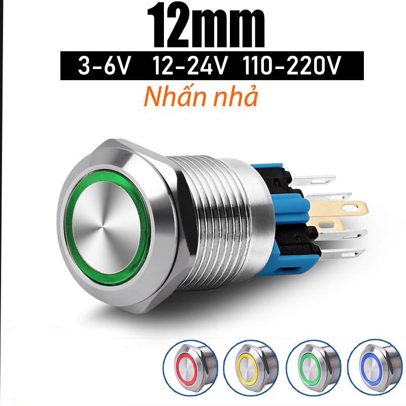 Nút nhấn Reset, Công tắc nhấn tự nhả 12mm (12-24V 110-220V) Có đèn LED, Vỏ INOX chống thấm nước