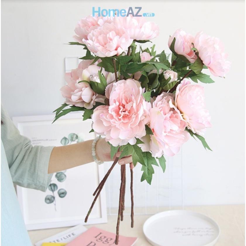 Cành hoa mẫu đơn giả đẹp bằng lụa màu hồng phấn PEOLY 52cm mã AZHOA006