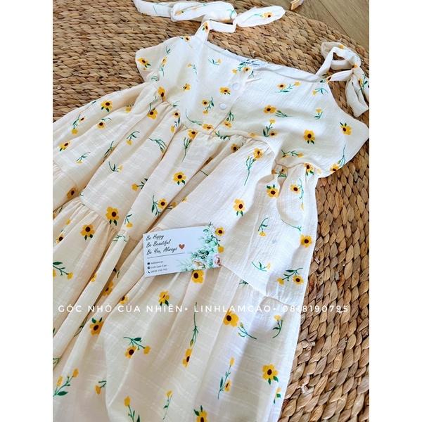 Váy Đầm Hai Dây Bản To Dáng Dài Hoa Nhí Vintage Cúc Ngực