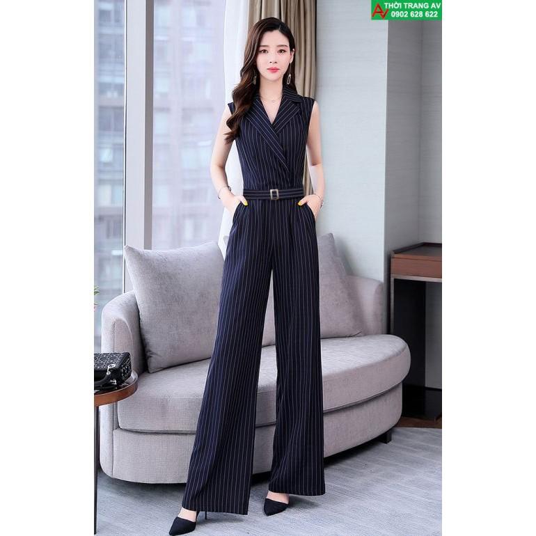 Jumpsuit - Đồ bay dài ống suông cổ vest kẻ sọc thắt lưng kèm belt - AV6462