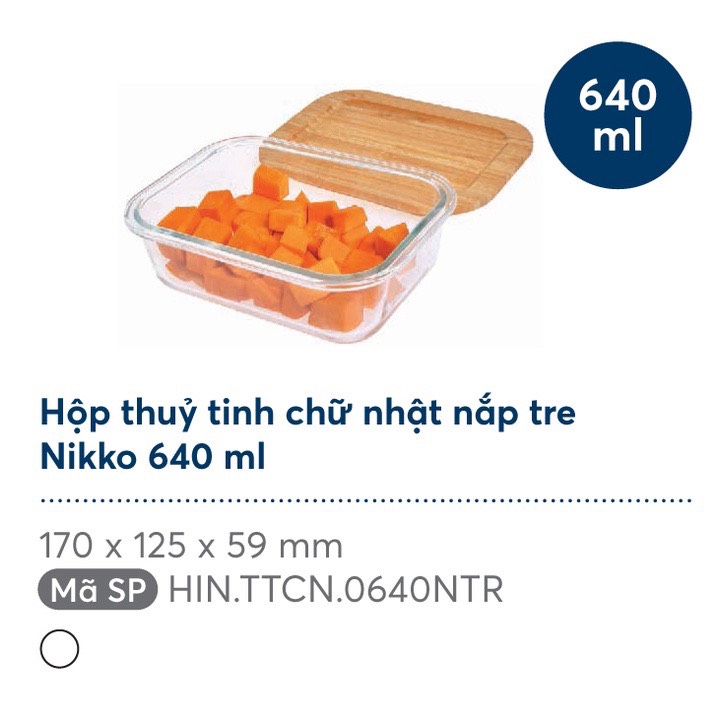 Hộp thuỷ tinh chữ nhật nắp tre Nikko 370ml - 640ml - 1050ml