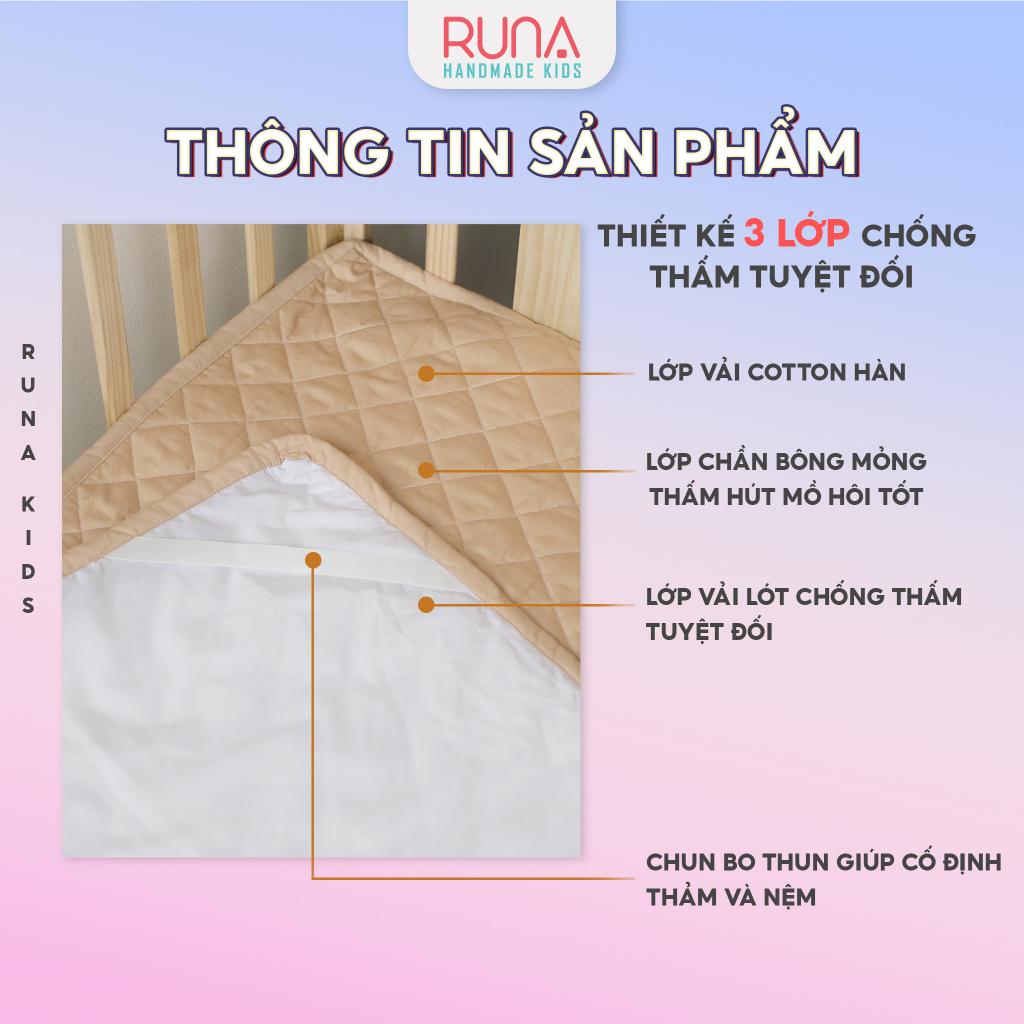 Thảm lót chống thấm cho bé RUNA KIDS Cotton Hàn 100% chần bông thấm hút tốt thoáng mát an toàn cho bé 1m6x2m