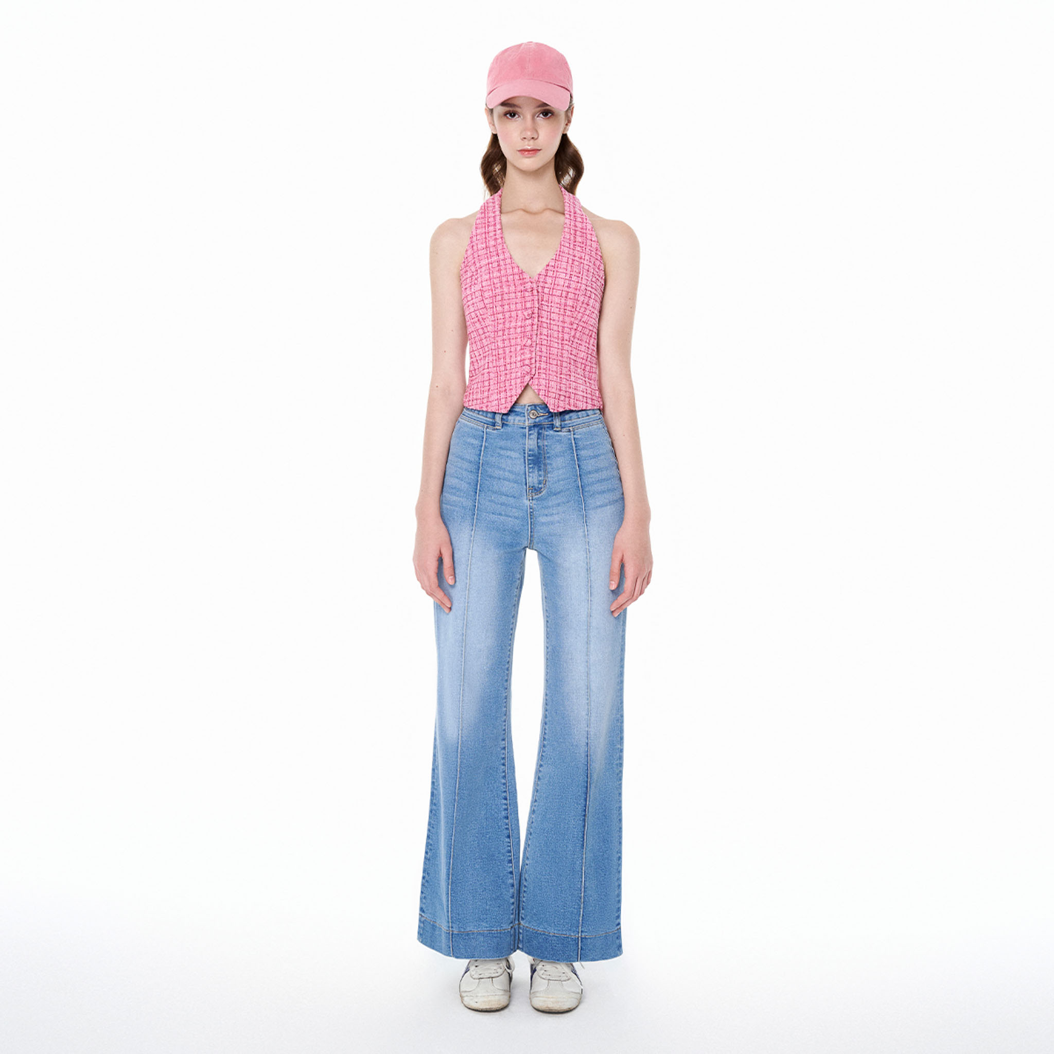 DOTTIE - Quần Denim ống loe cạp cao chiết ly - Xanh nhạt - Q0337