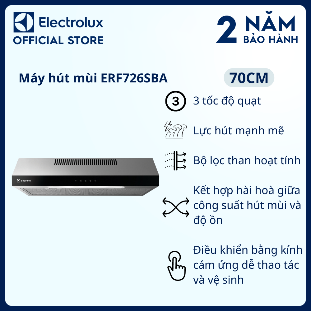 Máy hút mùi Electrolux dạng cổ điển 70cm ERF726SBA, Hút mùi nhanh chóng, Dễ dàng điều khiển và vệ sinh [Hàng chính hãng]