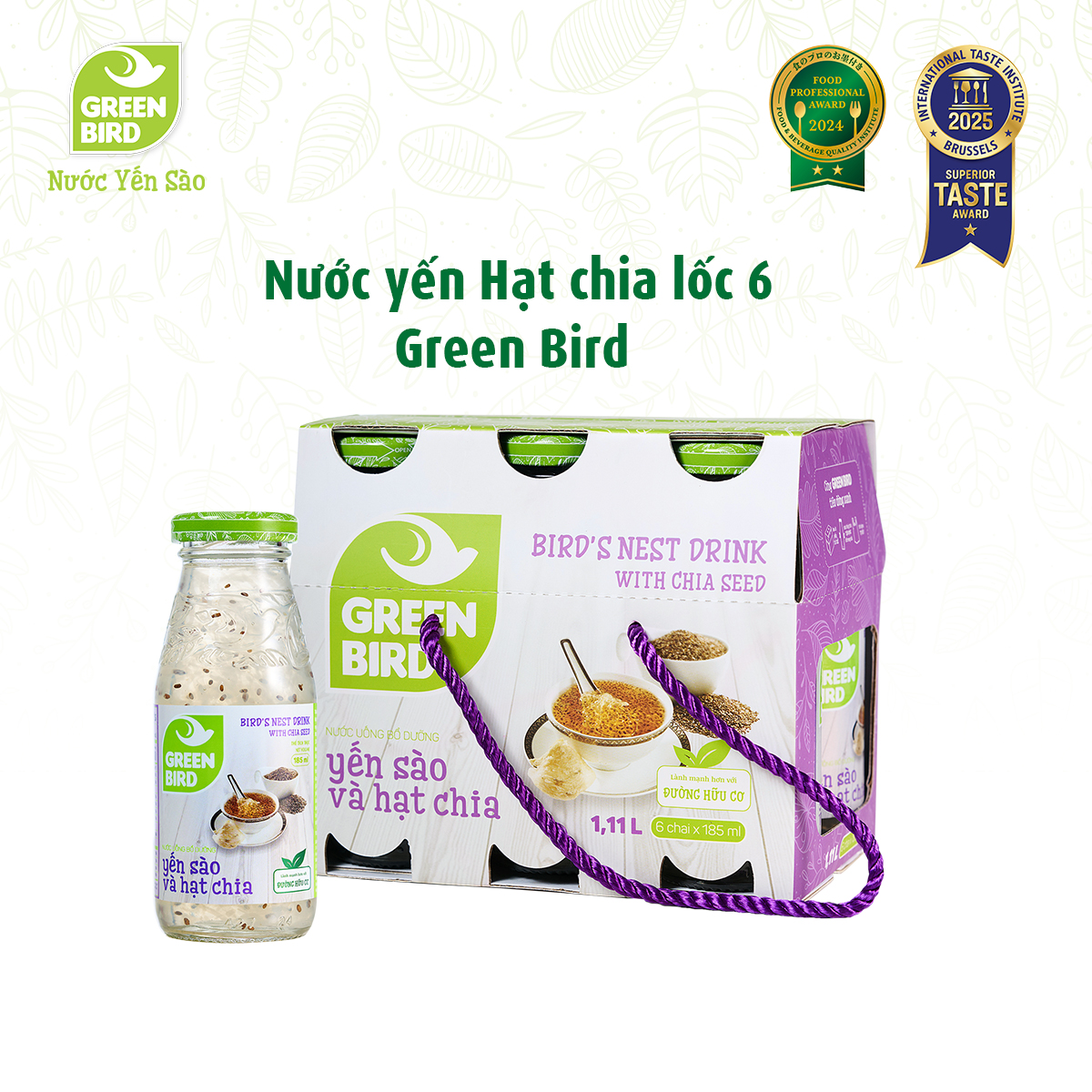 Nước Yến Và Hạt Chia Green Bird Thanh Mát Ngọt Nhẹ Chai 185ml