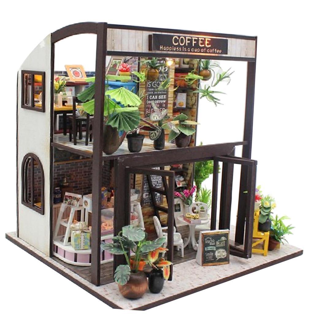 Dollhouse Miniature DIY Kit Toy with Furniture Handcraft Coffee House Gift