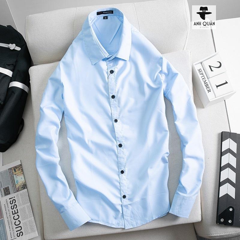 Sơ mi nam màu Xanh nhạt Vải Cotton Lụa Mềm mại