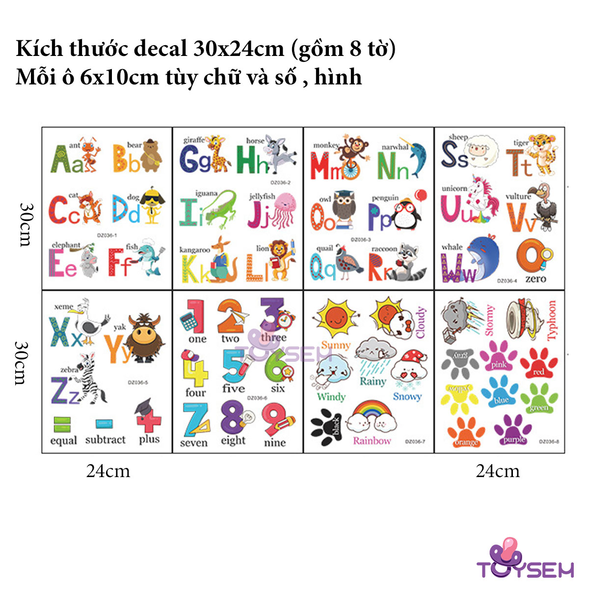 Decal dán tường 26 chữ cái và số 30x24cm họa tiết các con vật hoạt hình dễ thương