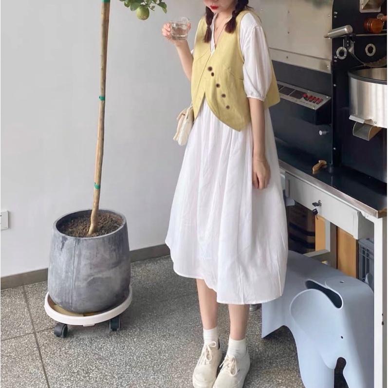 Set đầm midi trắng-gile vàng