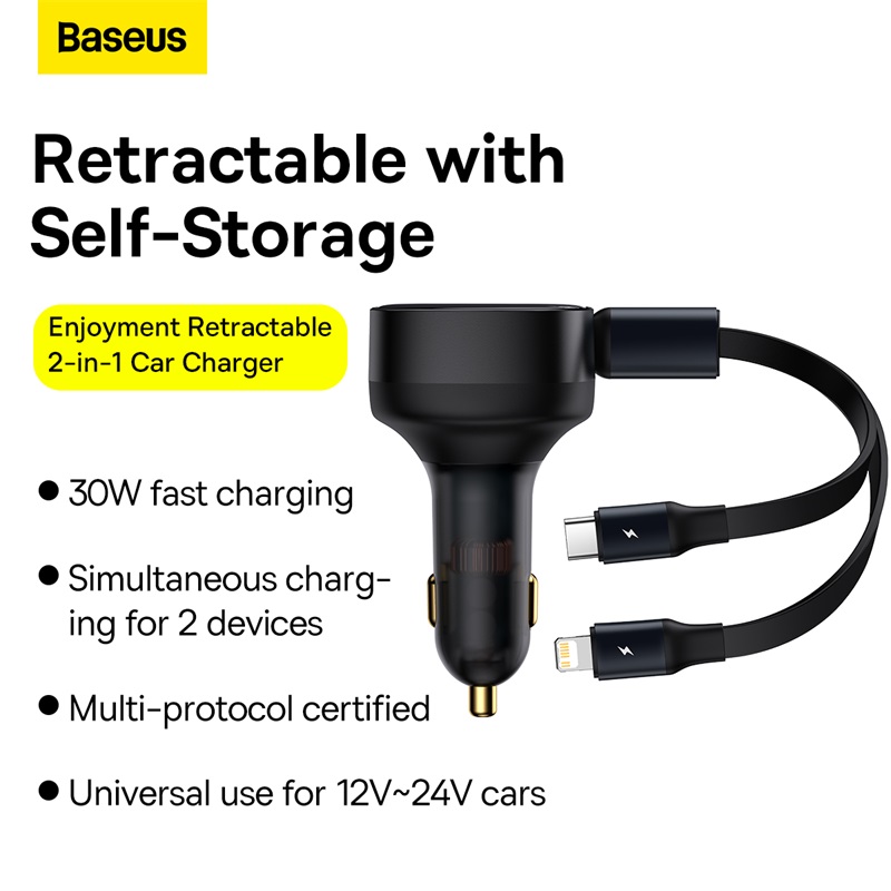 Tẩu Sạc Công Suất Cao Baseus Enjoyment Retractable 2-in-1 Car Charger C+L 30W - Hàng chính hãng