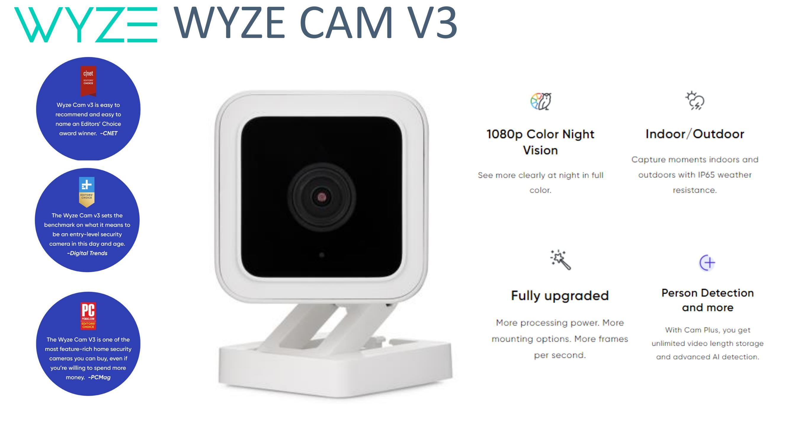 Wyze Cam V3 với tầm nhìn ban đêm màu, máy quay video trong nhà/ngoài trời 1080p không dây, hoạt động với Alexa, Google Assistant Color: Black