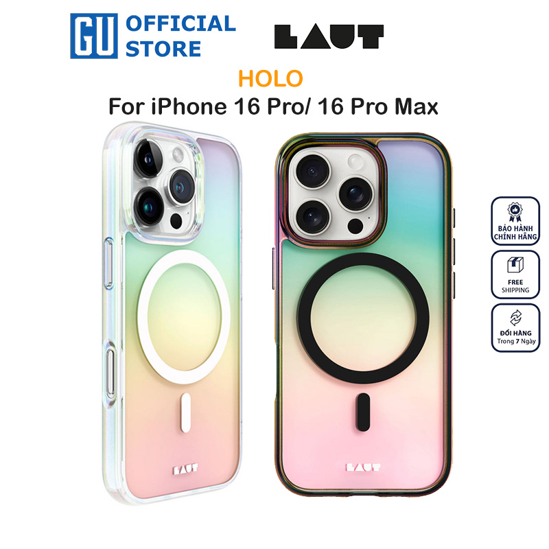 Ốp Lưng LAUT HOLO Cho iPhone 16 Pro/ 16 Pro Max Dải Màu Cực Quang 3 Chiều Tuyệt Đẹp Tương Thích Sạc Không Dây Hàng Chính Hãng