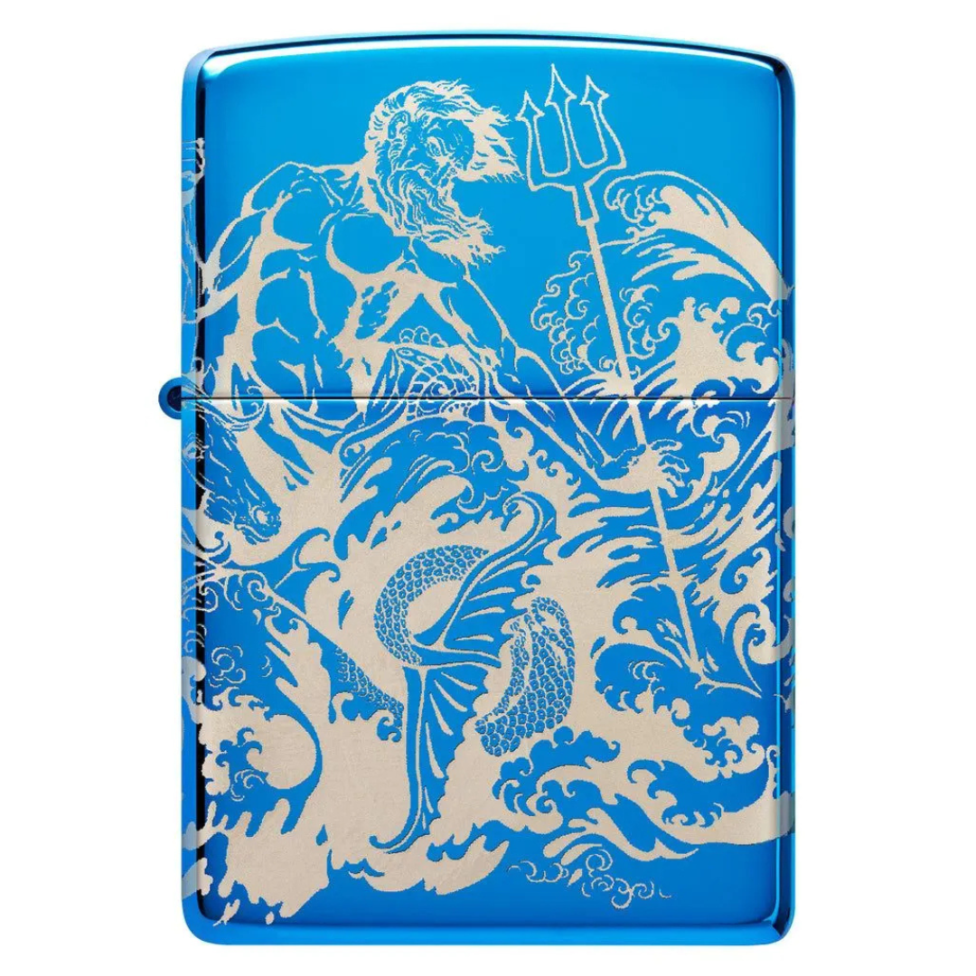 Bật lửa Zippo Atlantis Design - Thiết Kế Thần Biển Poseidon In Tràn Viền 360 Độ, Vỏ High Polish Blue Chính Hãng Mỹ