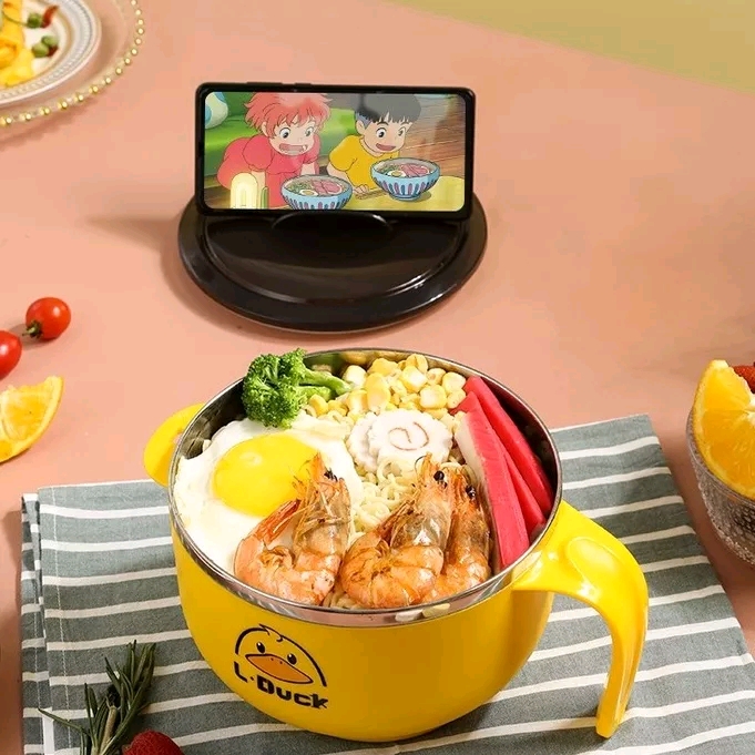 Bát úp mì KG82 vịt vàng dùng nấu cháo mì có nắp kín giữ nhiệt lâu và để kẹp điện thoại ruột lõi inox dung tích 1000ml - Hàng chính hãng