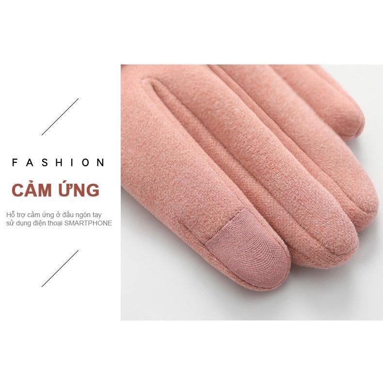 Găng tay nữ cảm ứng ngón tay vải nỉ lót lông ấm mùa đông họa tiết nơ dễ thương - gang tay nu