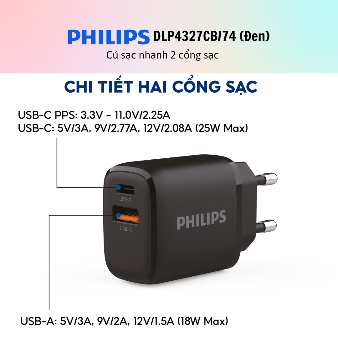 Củ sạc nhanh Philips 2 cổng sạc DLP4327CB/74 - DLP4327CW/74 - Hàng Chính hãng