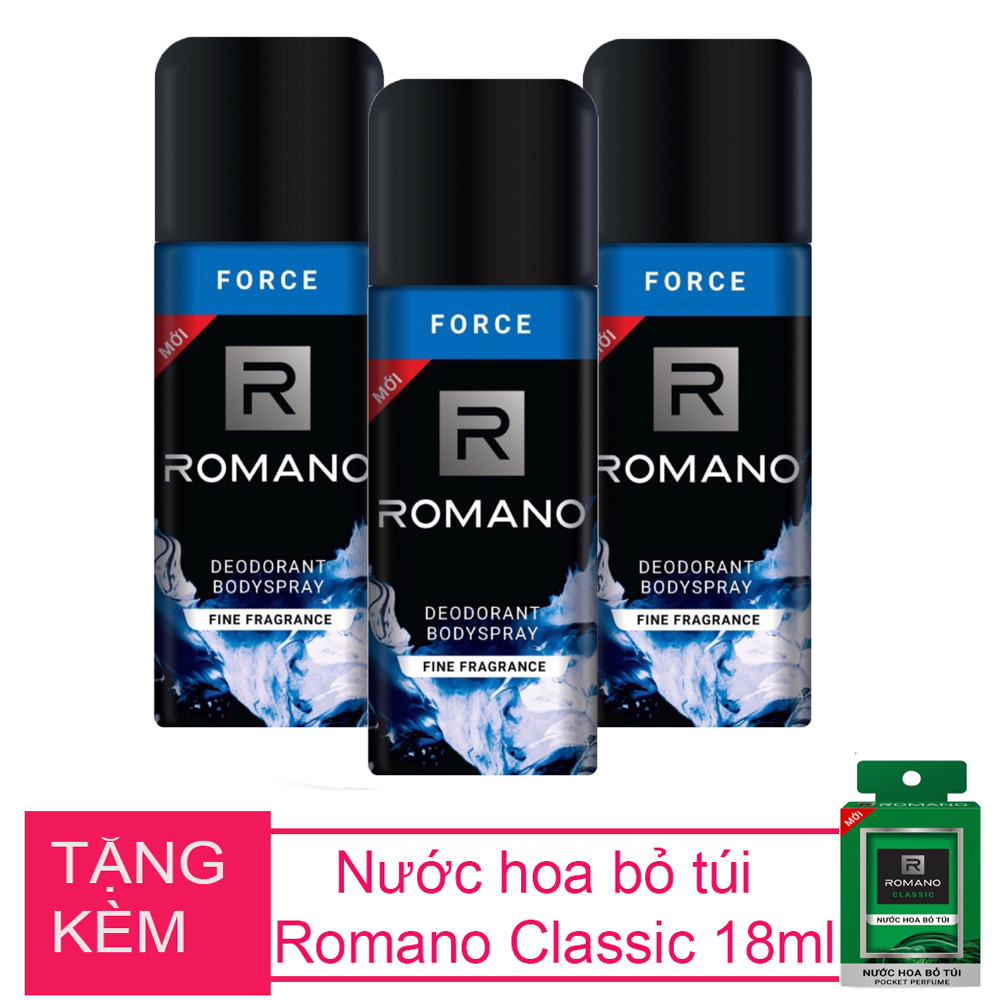 Bộ 3 chai xịt khử mùi  Romano Force 150ml +Tặng kèm nước hoa bỏ túi Romano 18ml(Màu ngẫu nhiên)