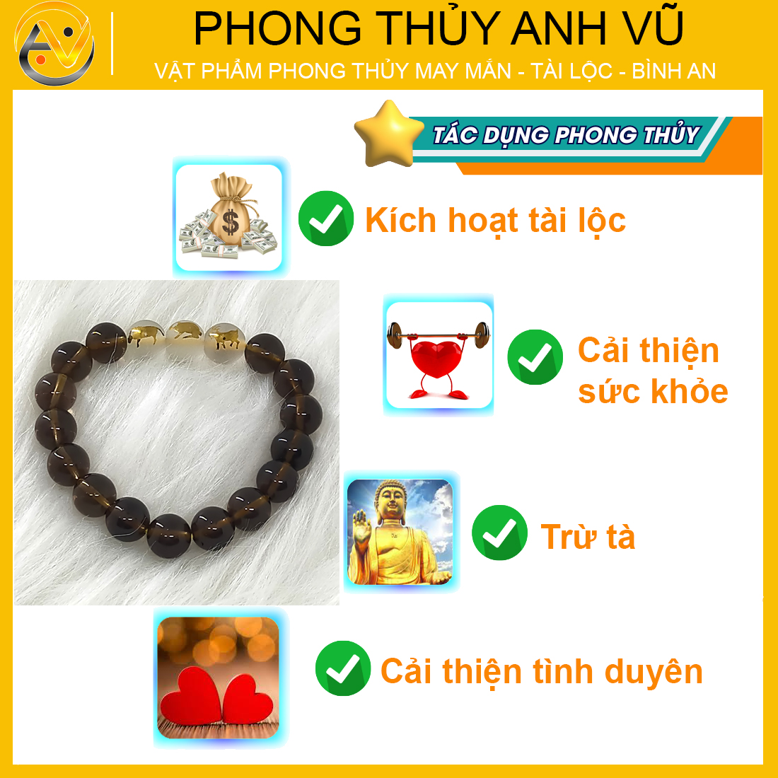 Vòng thạch anh đen khói tam hợp hợi mão mùi - size 8 10 12ly - may mắn taì lộc - Vòng Tam Hợp Anh Vũ
