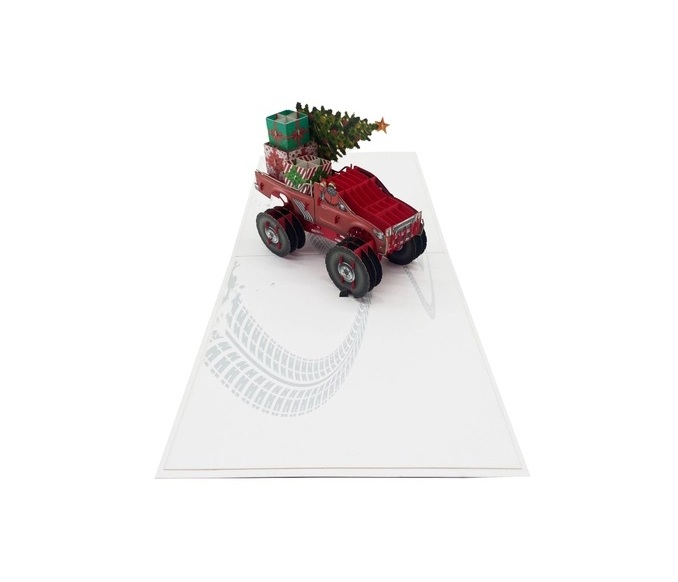 X35 -  THIỆP NOEL 3D XE BÁN TẢI “MONSTER TRUCK” CHỞ QUÀ &amp; CÂY THÔNG – MERRY CHRISTMAS