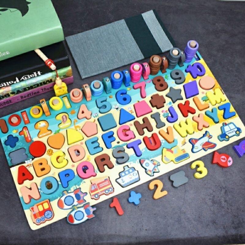 MONTESSORI Cao Cấp Bảng Gỗ Ghép Hình + Câu Cá Cho Bé 6 in 1