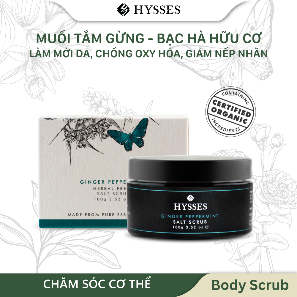 Muối Tẩy Tế Bào Chết Cao Cấp Hysses Salt Scrub Giúp Kháng Khuẩn, Làm Sạch Lỗ Chân Lông, Tăng Cường Lưu Thông Máu, Thư Giãn Cơ Với Tinh Dầu Gừng - Bạc Hà Hữu Cơ Tự Nhiên