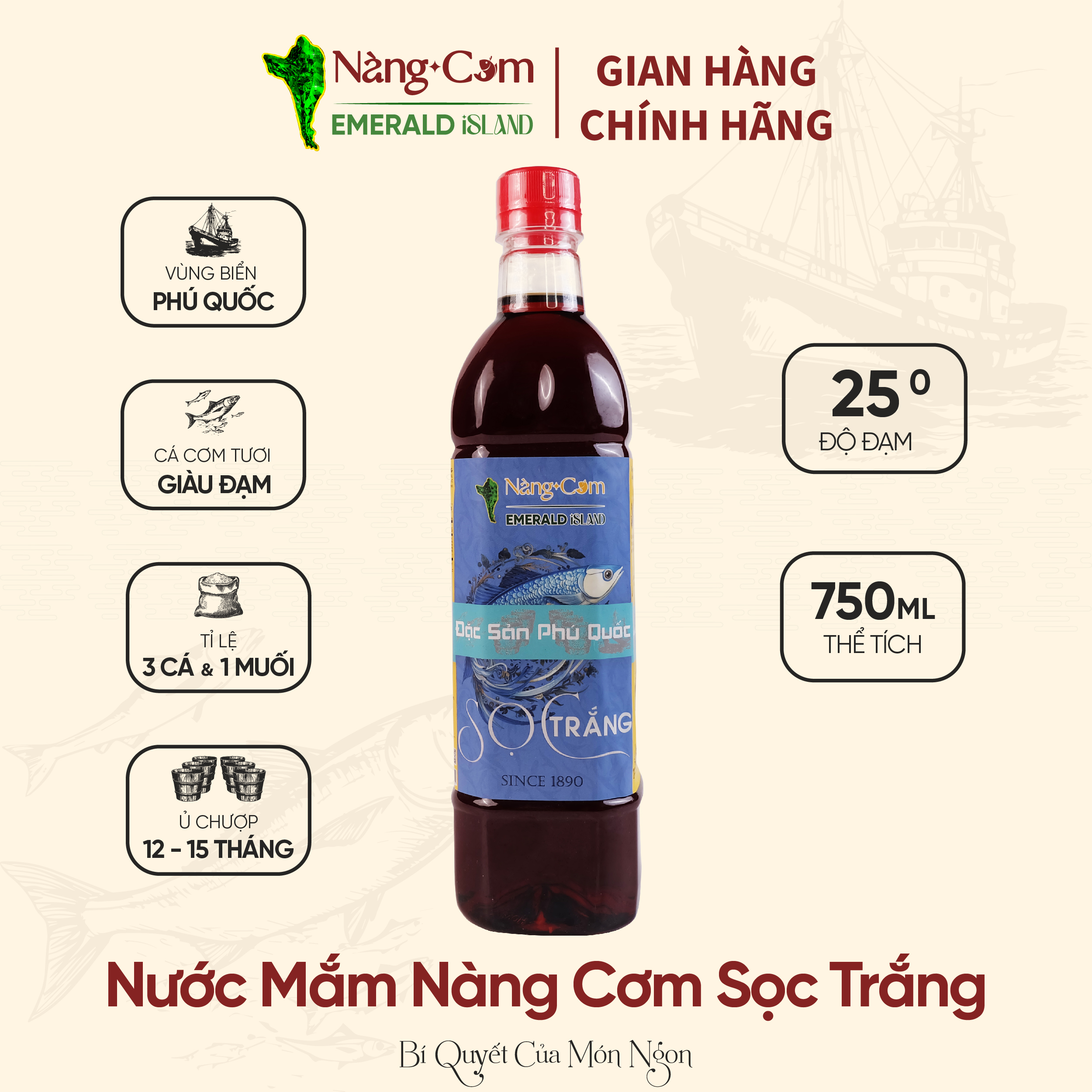 Nước Mắm Nàng Cơm Sọc Trắng 25 Độ Đạm 750ml - Đặc Sản Phú Quốc - Nàng Cơm