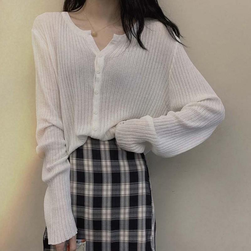 Áo Khoác Cardigan Dệt Kim Tay Dài Cổ Chữ V Màu Trơn Hợp Thời Trang Cho Nữ