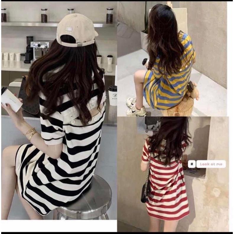 Áo / Váy cổ polo kẻ ngang khoét lưng 3 màu hàng Quảng Châu Lyn Closet A810L