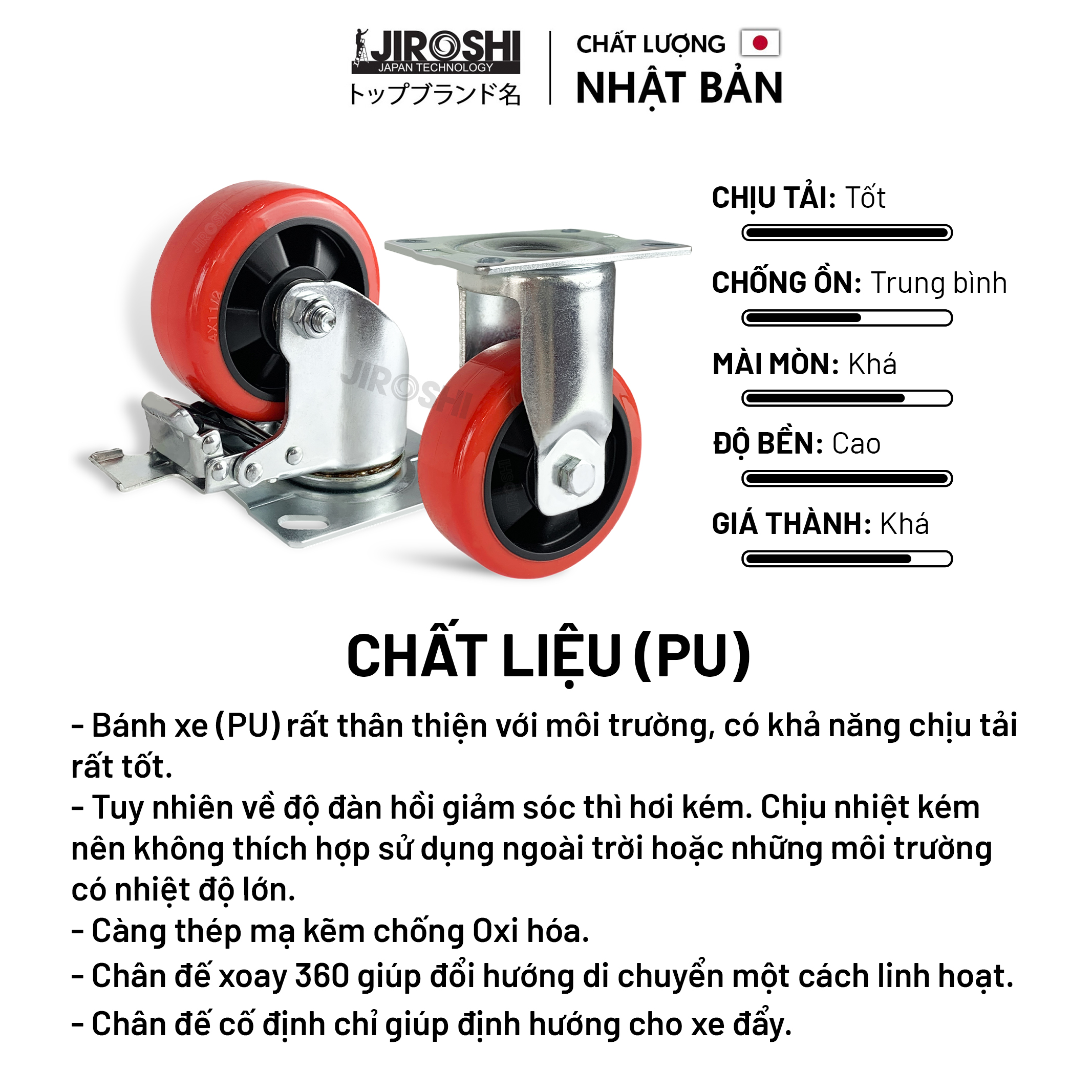 Bánh xe đẩy hàng Nhựa PU có bạc đạn và khóa JIROSHI , Bánh xe chịu tải lớn chống ồn, độ bền cao công nghệ nhật bản