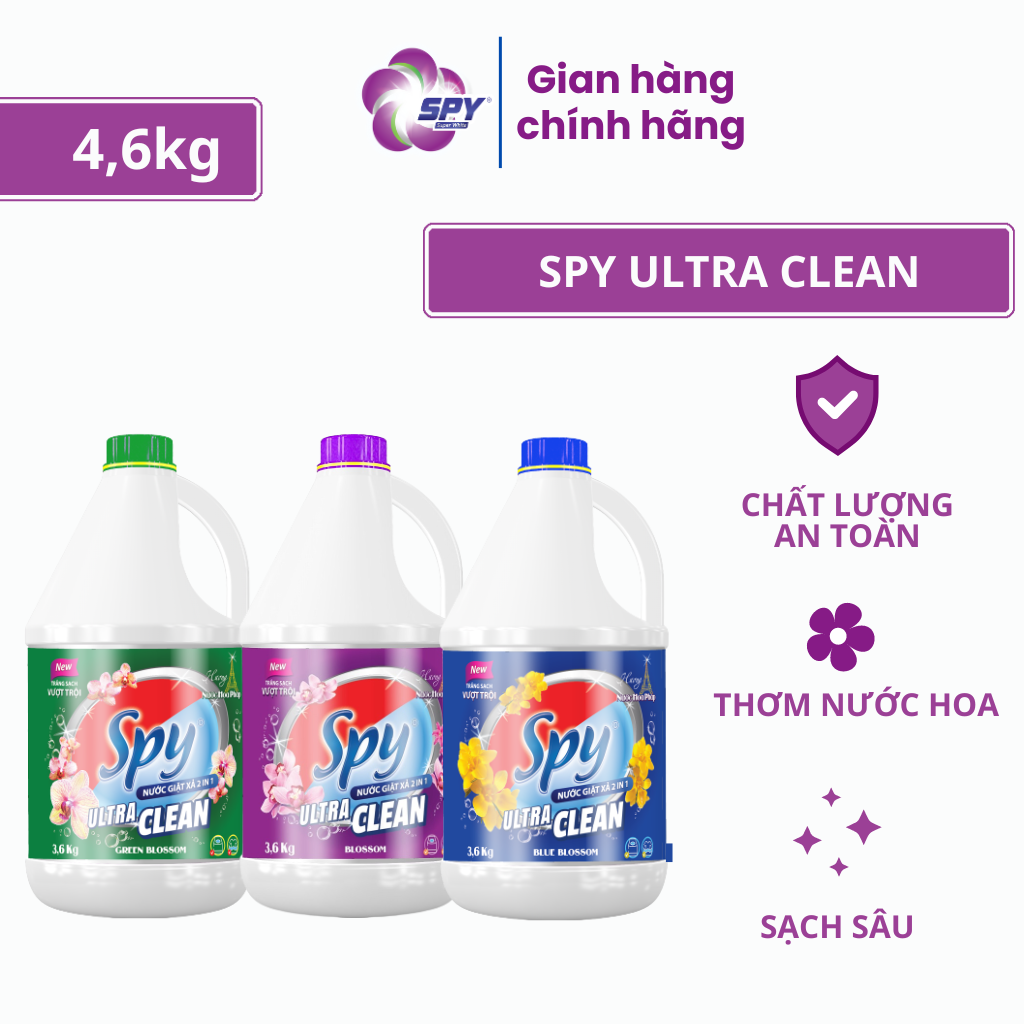 Can nước giặt xả SPY Ultra Clean 4,6 kg 2 trong 1 hương hoa Pháp trắng sạch thơm lâu và tiết kiệm