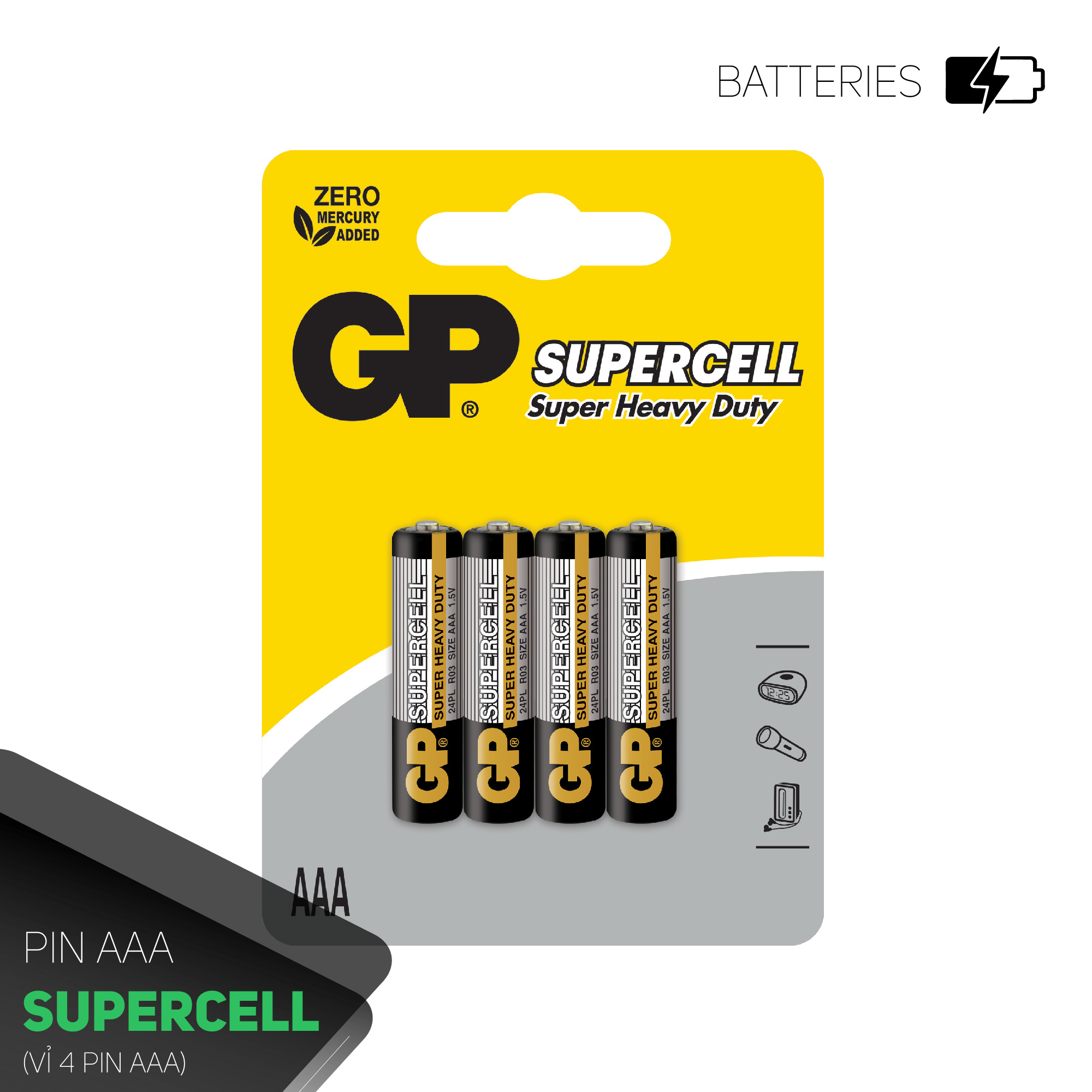 Pin đũa GP Supercell AAA 1.5V ,Pin AAA GP,Pin chuột máy tính,Pin điều hoà,Pin điều khiển quạt,Pin điều khiển tivi,Pin sử dụng cho các thiết bị nhỏ,Pin đồng hồ treo tường,Pin đồ chơi điện tử trẻ em