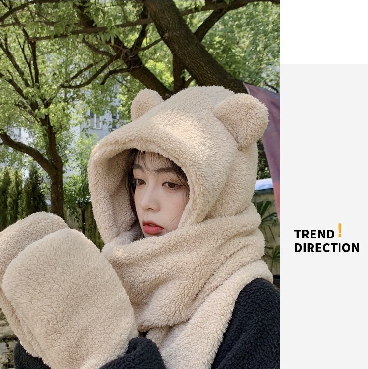 Mũ khăn quàng cổ mũ lông gấu có găng tay thời trang siêu dễ thương giữ ấm dành cho nữ