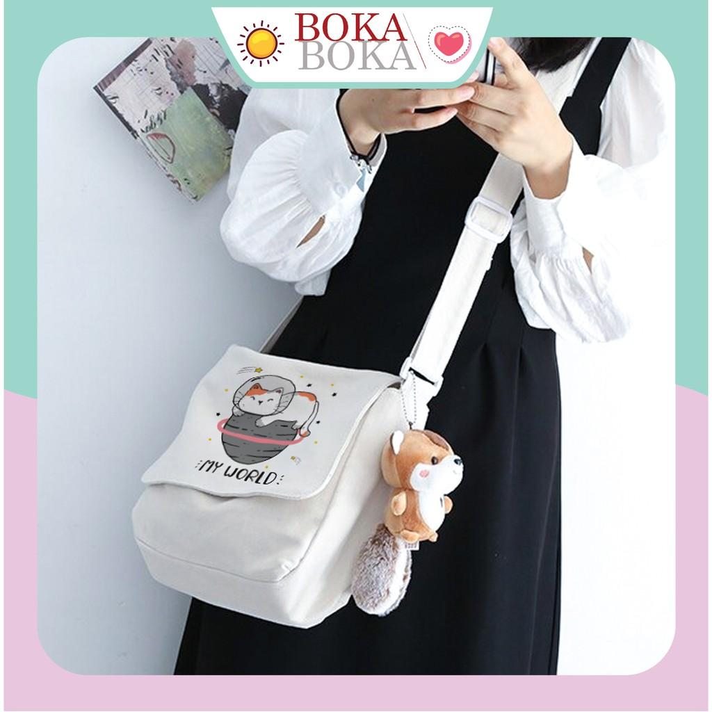 Túi Tote Canvas Đeo Chéo Nữ Đi Học Mèo My World Phong Cách Ulzzang