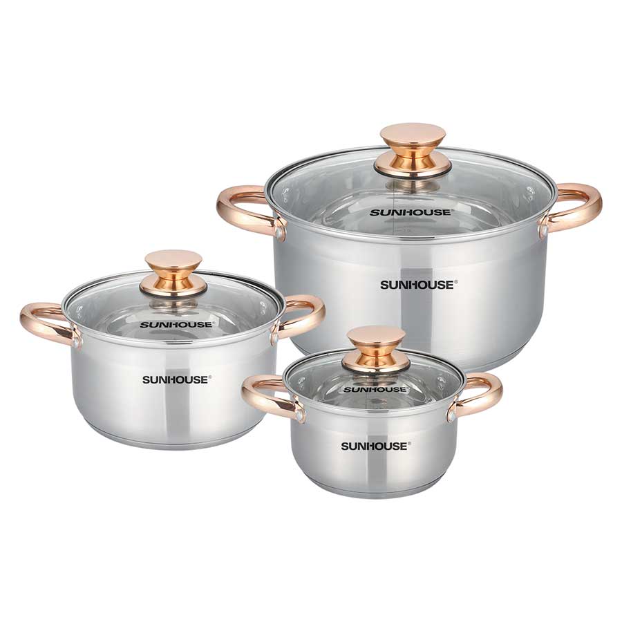 Bộ Nồi 5 Đáy Cao Cấp Núm Vàng Sunhouse SH781 Quay Mạ Vàng Cao Cấp 16cm, 20cm, 24cm - Dùng Cho Mọi Loại Bếp - Hàng Chính Hãng