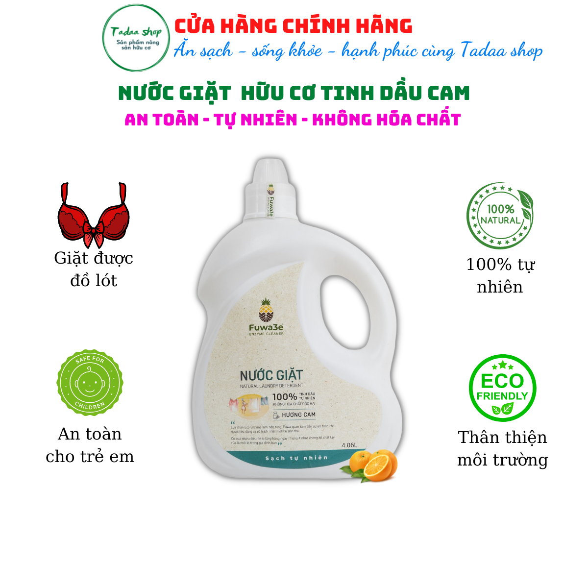 Nước giặt sinh học hữu cơ Fuwa3e tiết kiệm nước, cực sạch, an toàn cho bé hương cam can 4060ml